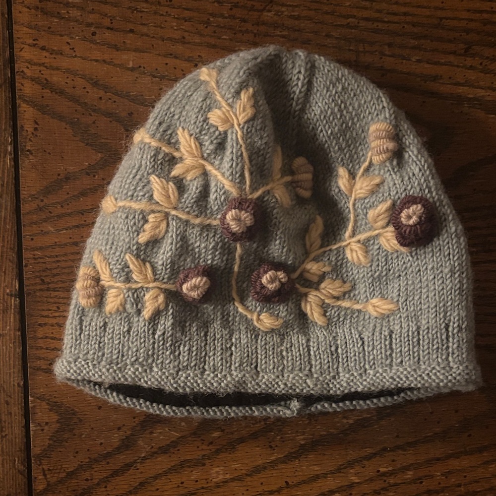 Embroidered Knit Beanie with Floral Appliqué - Sage Green & Cream